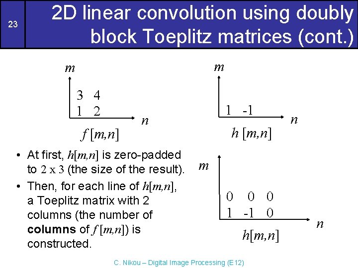23 2 D linear convolution using doubly block Toeplitz matrices (cont. ) m m 23 2 D linear convolution using doubly block Toeplitz matrices (cont. ) m m