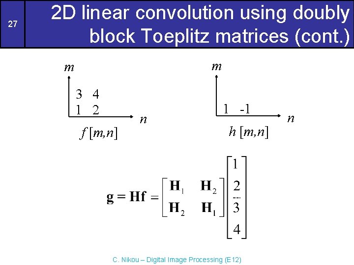 27 2 D linear convolution using doubly block Toeplitz matrices (cont. ) m m 27 2 D linear convolution using doubly block Toeplitz matrices (cont. ) m m