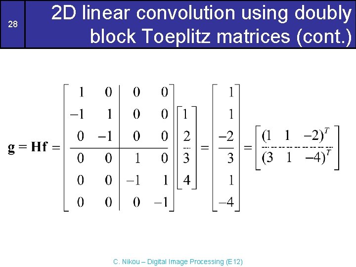 28 2 D linear convolution using doubly block Toeplitz matrices (cont. ) C. Nikou 28 2 D linear convolution using doubly block Toeplitz matrices (cont. ) C. Nikou