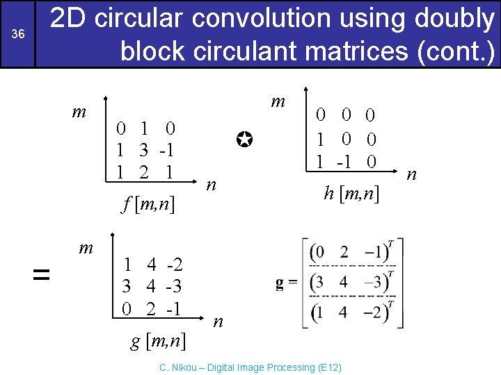 36 2 D circular convolution using doubly block circulant matrices (cont. ) m m 36 2 D circular convolution using doubly block circulant matrices (cont. ) m m