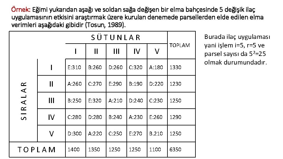 Örnek: Eğimi yukarıdan aşağı ve soldan sağa değişen bir elma bahçesinde 5 değişik ilaç