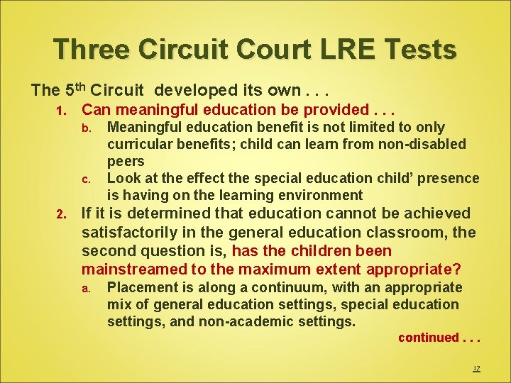 Three Circuit Court LRE Tests The 5 th Circuit developed its own. . . Three Circuit Court LRE Tests The 5 th Circuit developed its own. . .