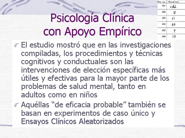 Psicología Clínica con Apoyo Empírico El estudio mostró que en las investigaciones compiladas, los