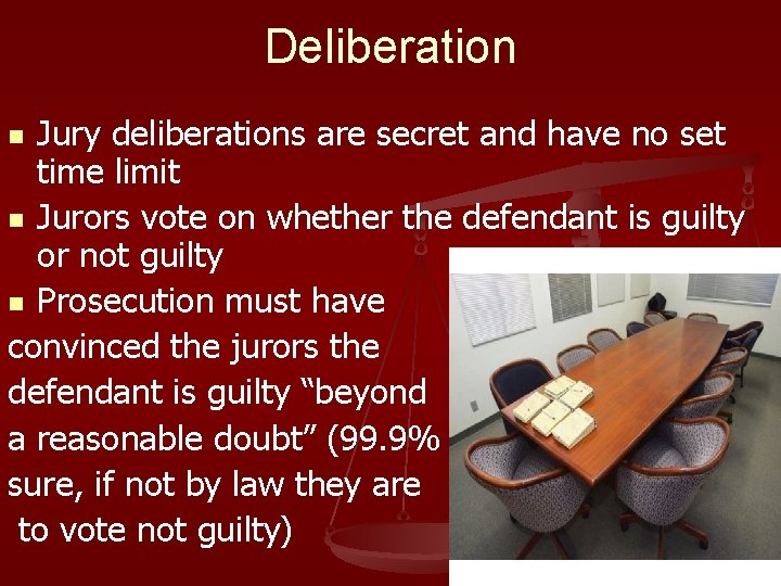 Deliberation Jury deliberations are secret and have no set time limit n Jurors vote
