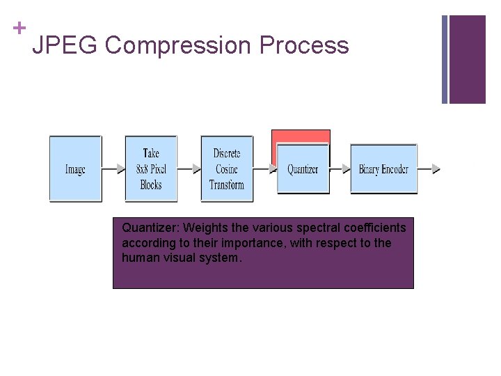 + JPEG Compression Process Quantizer: Weights the various spectral coefficients according to their importance,