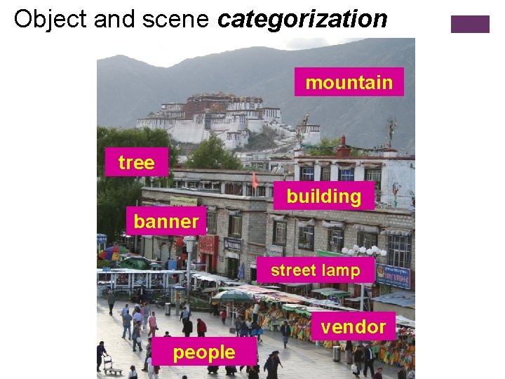 Object and scene categorization mountain tree building banner street lamp vendor people 