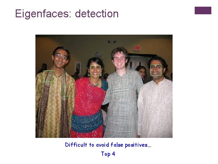 Eigenfaces: detection Difficult to avoid false positives… Top 4 