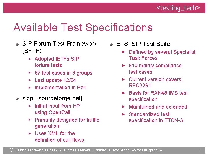 Available Test Specifications SIP Forum Test Framework (SFTF) Adopted IETFs SIP torture tests 67