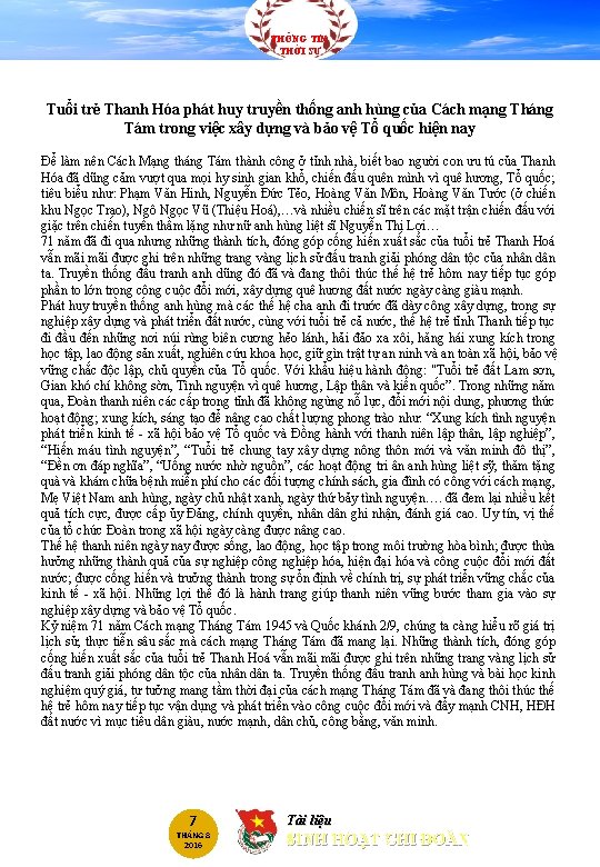 THÔNG TIN THỜI SỰ Tuổi trẻ Thanh Hóa phát huy truyền thống anh hùng THÔNG TIN THỜI SỰ Tuổi trẻ Thanh Hóa phát huy truyền thống anh hùng