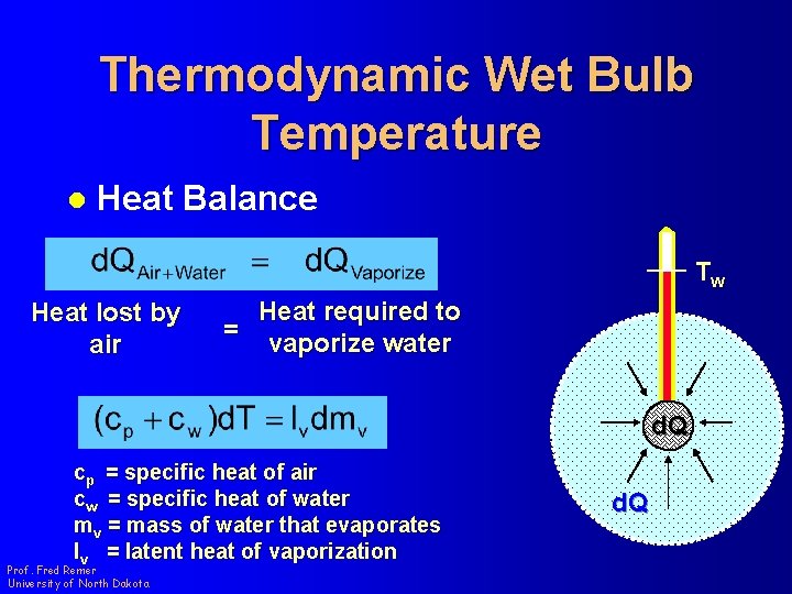 Thermodynamic Wet Bulb Temperature l Heat Balance Tw Heat lost by air Heat required