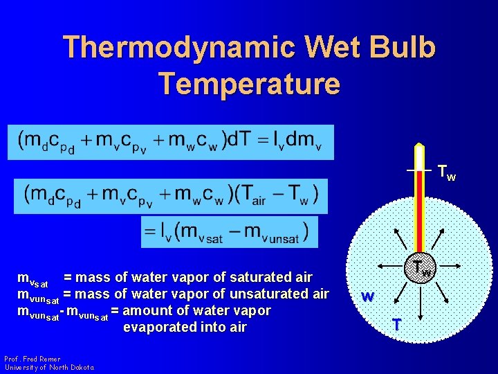 Thermodynamic Wet Bulb Temperature Tw mvsat = mass of water vapor of saturated air