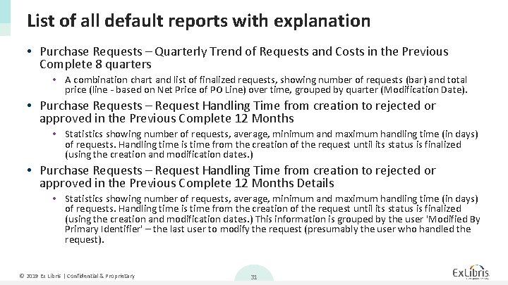 List of all default reports with explanation • Purchase Requests – Quarterly Trend of