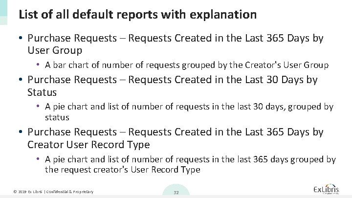 List of all default reports with explanation • Purchase Requests – Requests Created in