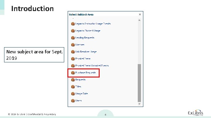 Introduction New subject area for Sept. 2019 © 2019 Ex Libris | Confidential &