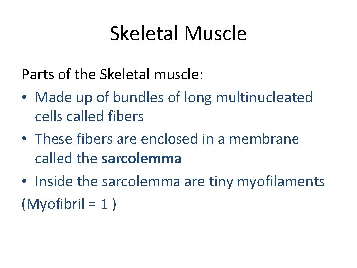 Skeletal Muscle Parts of the Skeletal muscle: • Made up of bundles of long