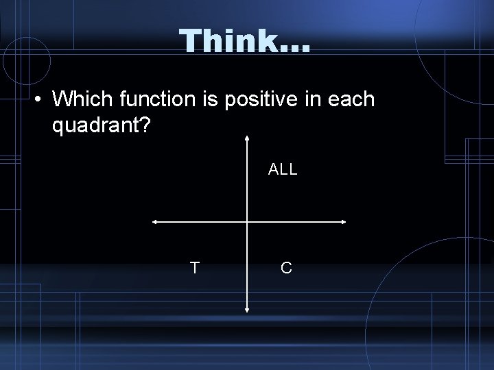 Think. . . • Which function is positive in each quadrant? ALL T C