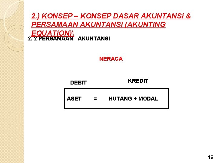 2. ) KONSEP – KONSEP DASAR AKUNTANSI & PERSAMAAN AKUNTANSI (AKUNTING EQUATION) 2. 2