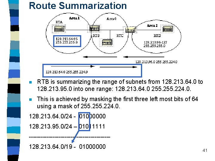 Route Summarization n RTB is summarizing the range of subnets from 128. 213. 64.