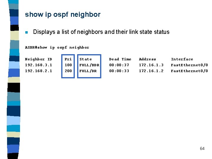 show ip ospf neighbor n Displays a list of neighbors and their link state