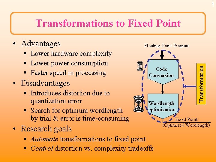4 Transformations to Fixed Point § Lower hardware complexity § Lower power consumption §