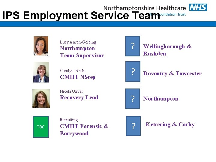 IPS Employment Service Team Lucy Anson-Golding Northampton Team Supervisor Carolyn Beck CMHT NStep Nicola