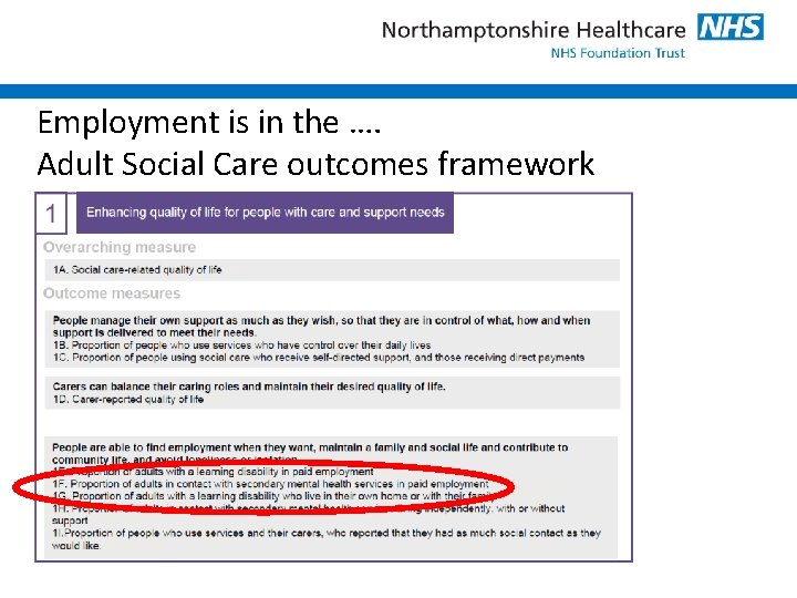 Employment is in the …. Adult Social Care outcomes framework 