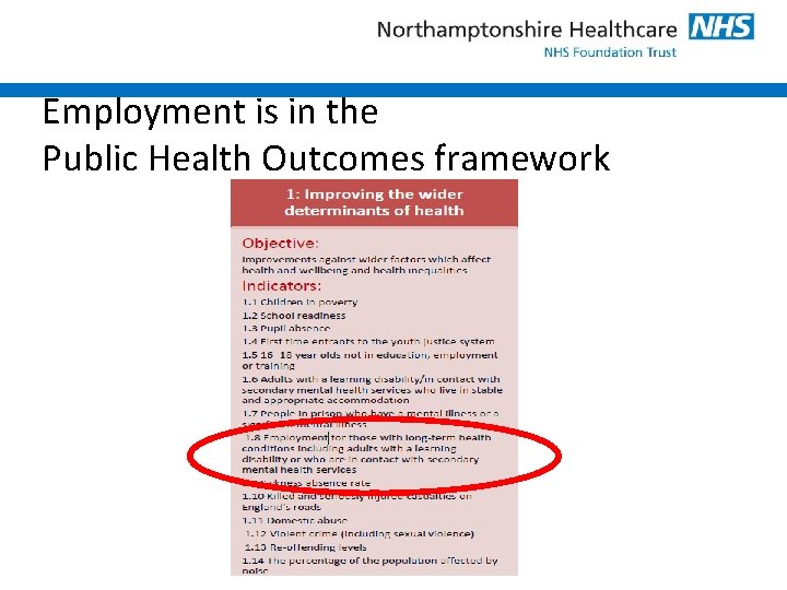 Employment is in the Public Health Outcomes framework 