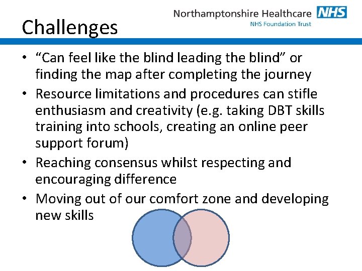 Challenges • “Can feel like the blind leading the blind” or finding the map
