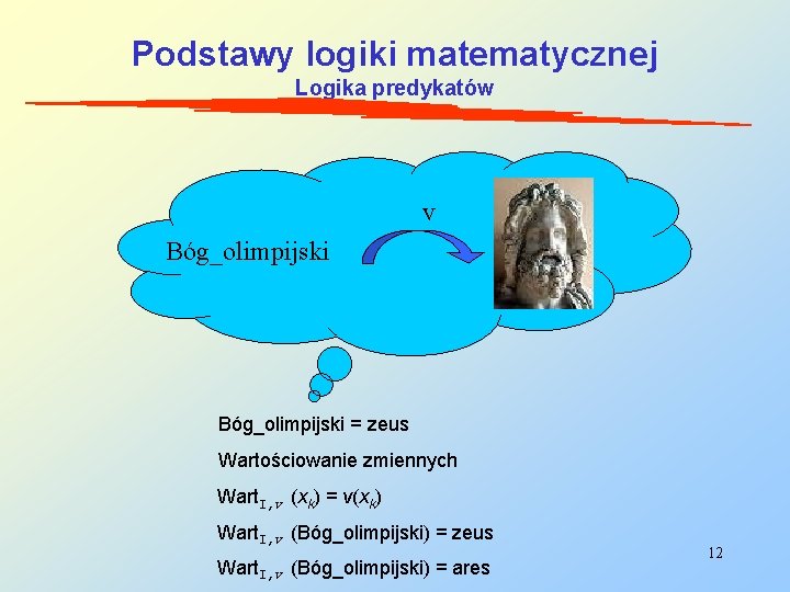 Podstawy logiki matematycznej Logika predykatów v Bóg_olimpijski = zeus Wartościowanie zmiennych Wart. I, v