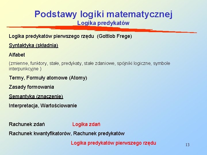 Podstawy logiki matematycznej Logika predykatów pierwszego rzędu (Gottlob Frege) Syntaktyka (składnia) Alfabet (zmienne, funktory,