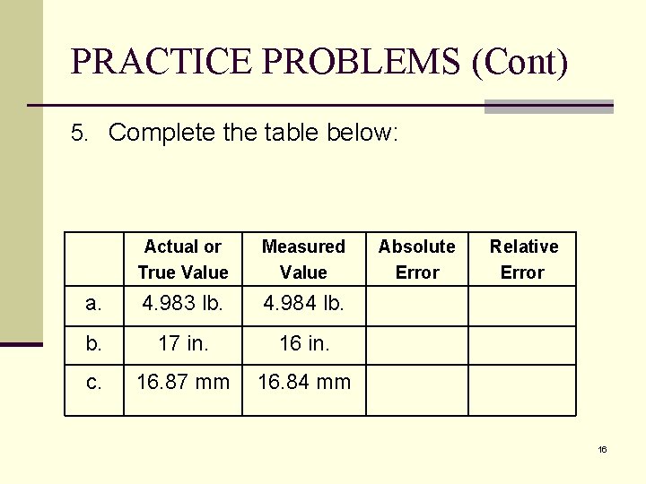 PRACTICE PROBLEMS (Cont) 5. Complete the table below: Actual or True Value Measured Value PRACTICE PROBLEMS (Cont) 5. Complete the table below: Actual or True Value Measured Value