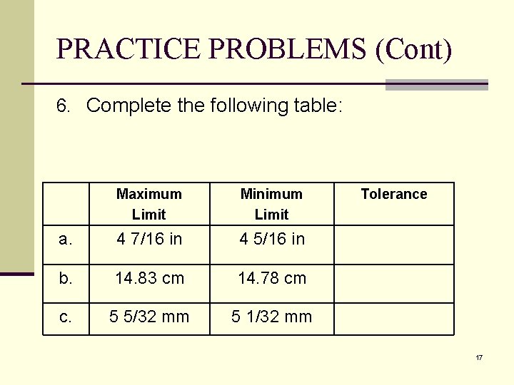 PRACTICE PROBLEMS (Cont) 6. Complete the following table: Maximum Limit Minimum Limit a. 4 PRACTICE PROBLEMS (Cont) 6. Complete the following table: Maximum Limit Minimum Limit a. 4