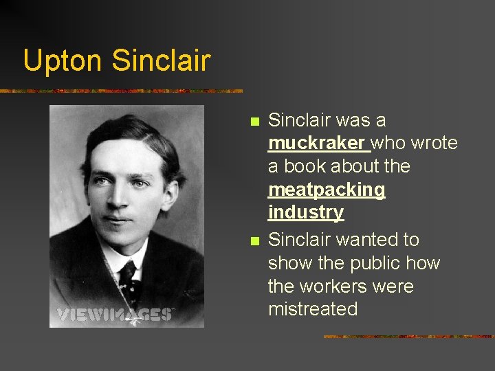 Upton Sinclair n n Sinclair was a muckraker who wrote a book about the