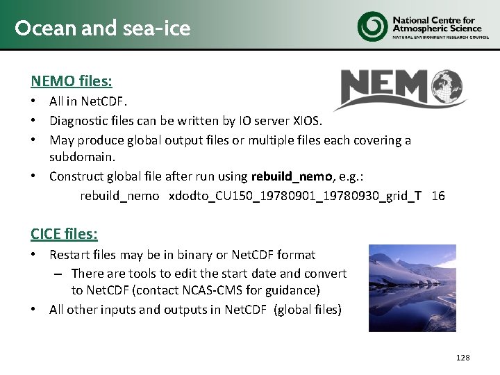 Ocean and sea-ice NEMO files: • All in Net. CDF. • Diagnostic files can