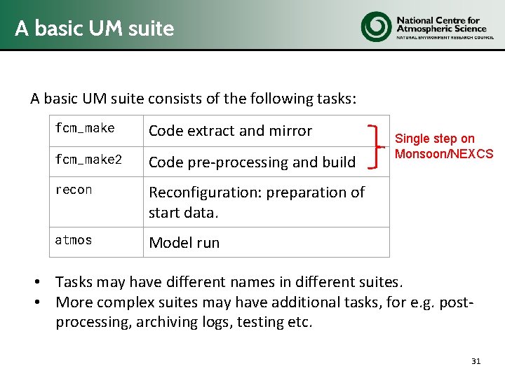 A basic UM suite consists of the following tasks: fcm_make Code extract and mirror