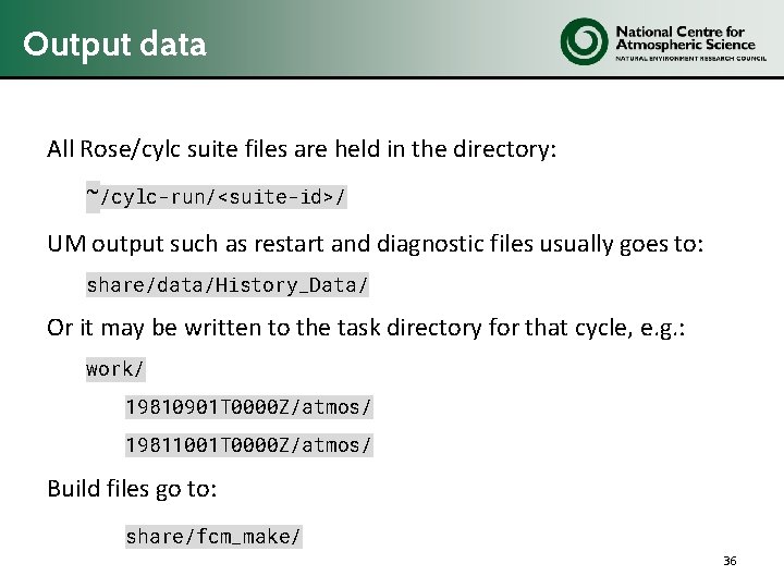 Output data All Rose/cylc suite files are held in the directory: ~/cylc-run/<suite-id>/ UM output