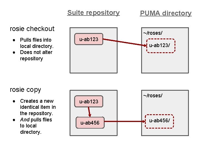 Suite repository rosie checkout ● Pulls files into local directory. ● Does not alter