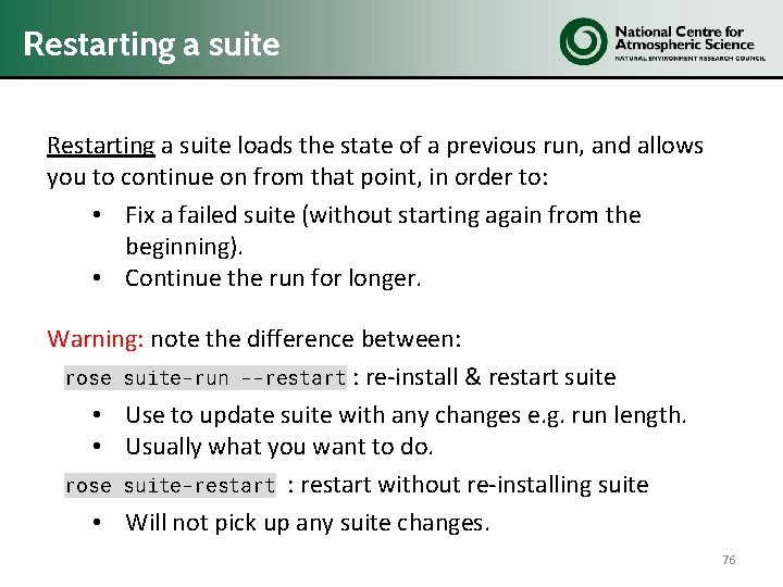 Restarting a suite loads the state of a previous run, and allows you to