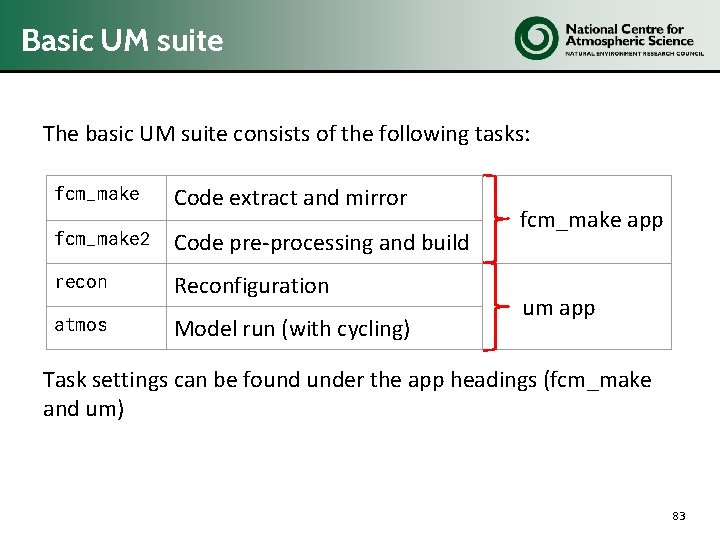 Basic UM suite The basic UM suite consists of the following tasks: fcm_make Code