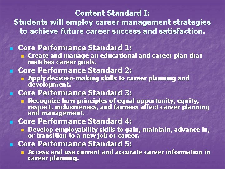 Content Standard I: Students will employ career management strategies to achieve future career success