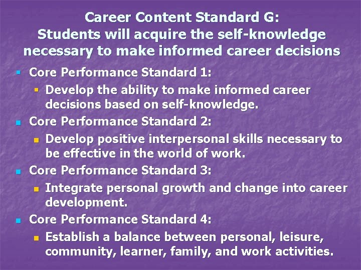 Career Content Standard G: Students will acquire the self-knowledge necessary to make informed career