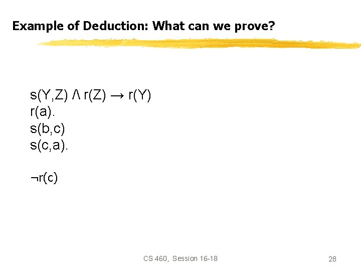 Example of Deduction: What can we prove? s(Y, Z) / r(Z) → r(Y) r(a).