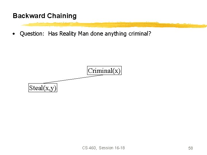Backward Chaining • Question: Has Reality Man done anything criminal? Criminal(x) Steal(x, y) CS