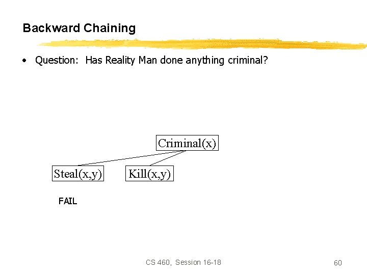 Backward Chaining • Question: Has Reality Man done anything criminal? Criminal(x) Steal(x, y) Kill(x,