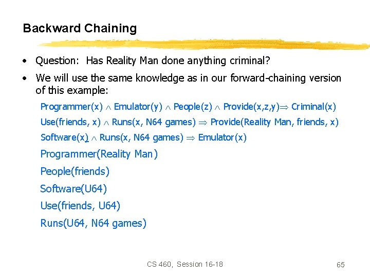 Backward Chaining • Question: Has Reality Man done anything criminal? • We will use