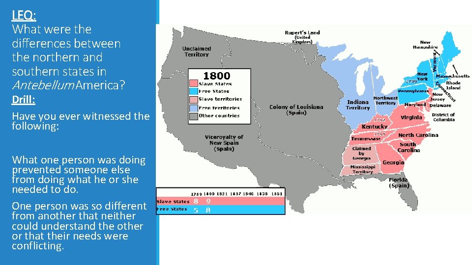 LEQ: What were the differences between the northern and southern states in Antebellum America?