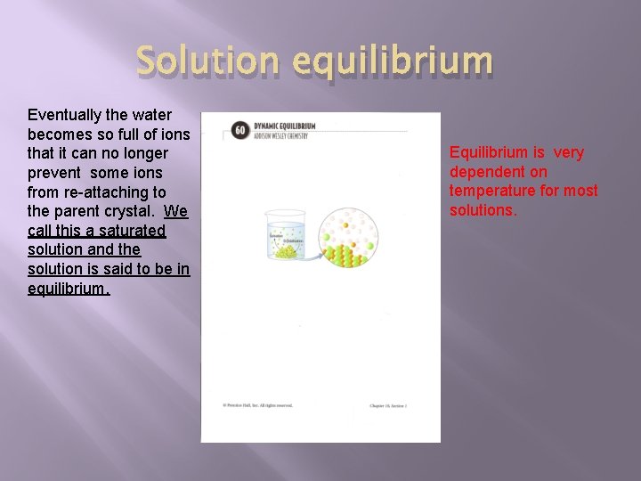 Solution equilibrium Eventually the water becomes so full of ions that it can no