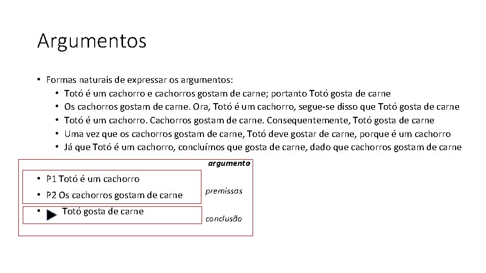 Argumentos • Formas naturais de expressar os argumentos: • Totó é um cachorro e