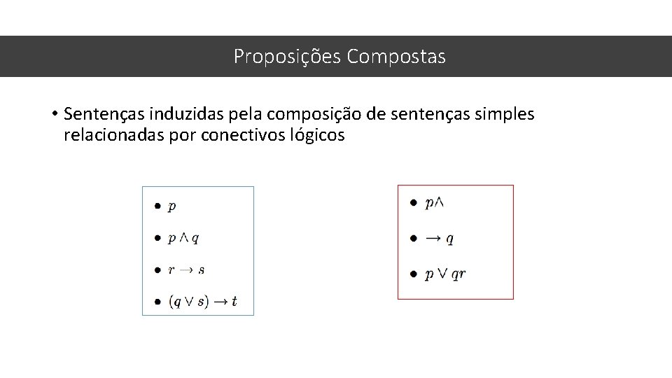 Proposições Compostas • Sentenças induzidas pela composição de sentenças simples relacionadas por conectivos lógicos