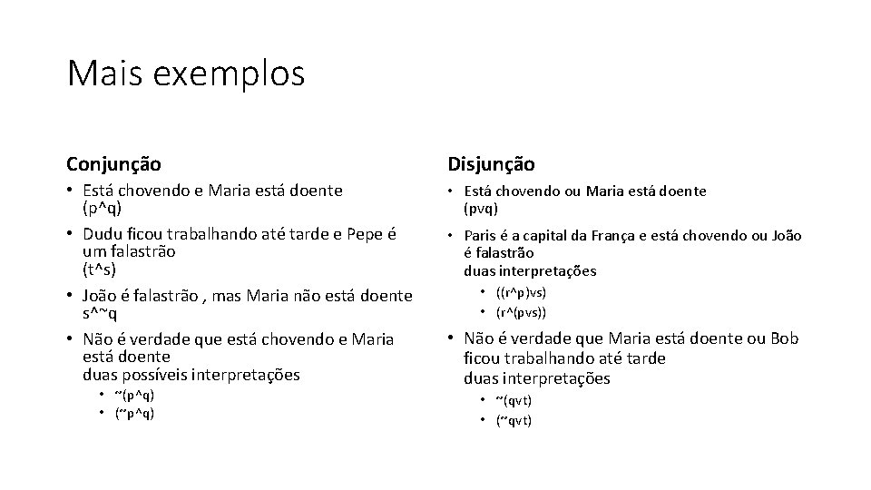 Mais exemplos Conjunção Disjunção • Está chovendo e Maria está doente (p^q) • Dudu